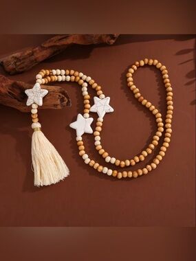 Star Natural Round Wooden Handmade Bohemian Tassel Necklace Boho